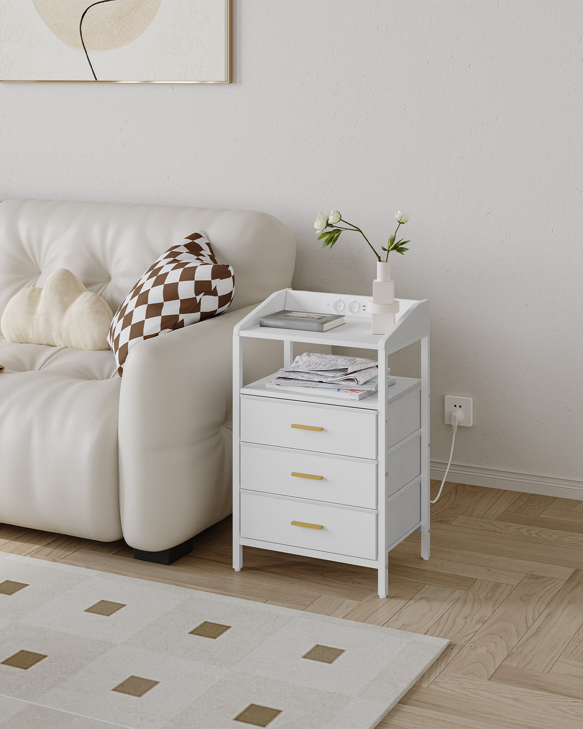 HEXCELEN Bedside Table Set of 2 with LED Lights & Charging Station, 3 Fabric Drawers, USB Ports & Sockets, White