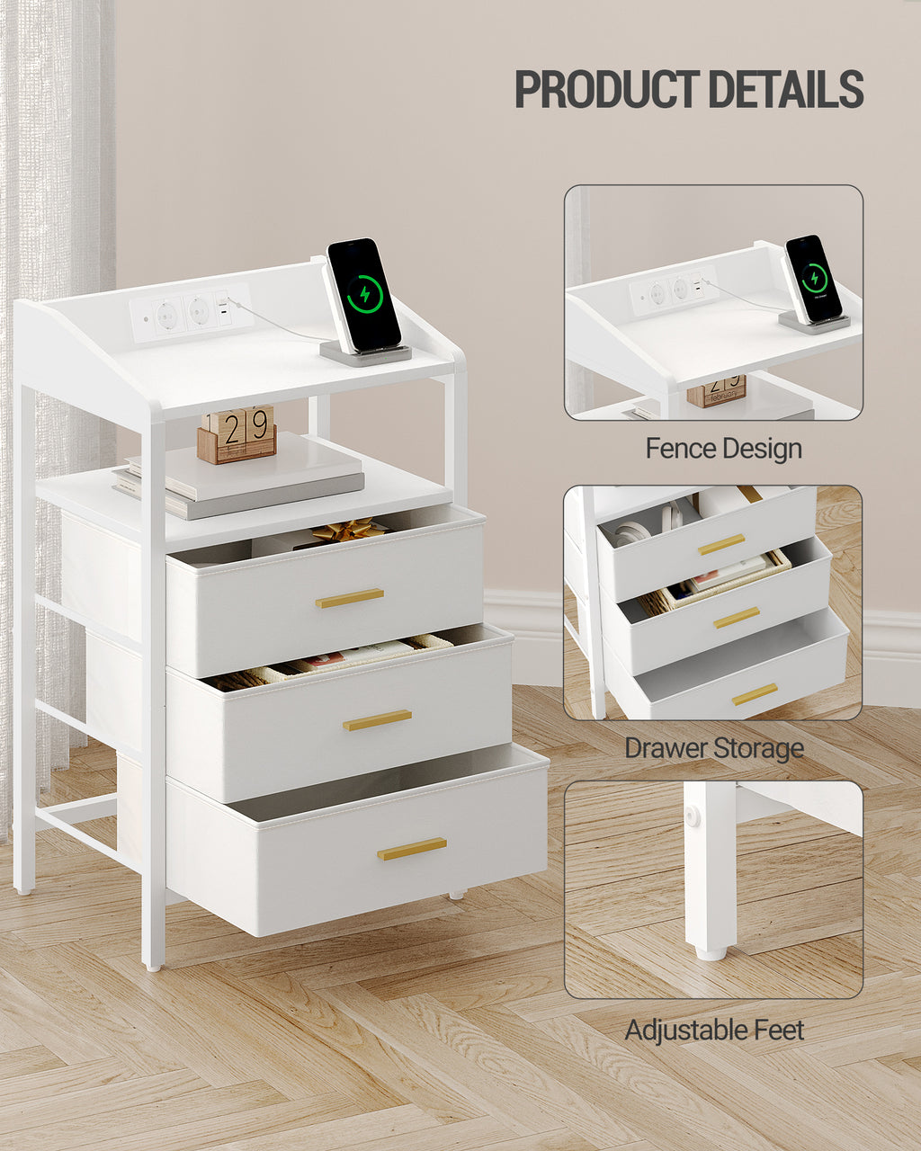 HEXCELEN Bedside Table Set of 2 with LED Lights & Charging Station, 3 Fabric Drawers, USB Ports & Sockets, White