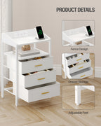 HEXCELEN Bedside Table Set of 2 with LED Lights & Charging Station, 3 Fabric Drawers, USB Ports & Sockets, White