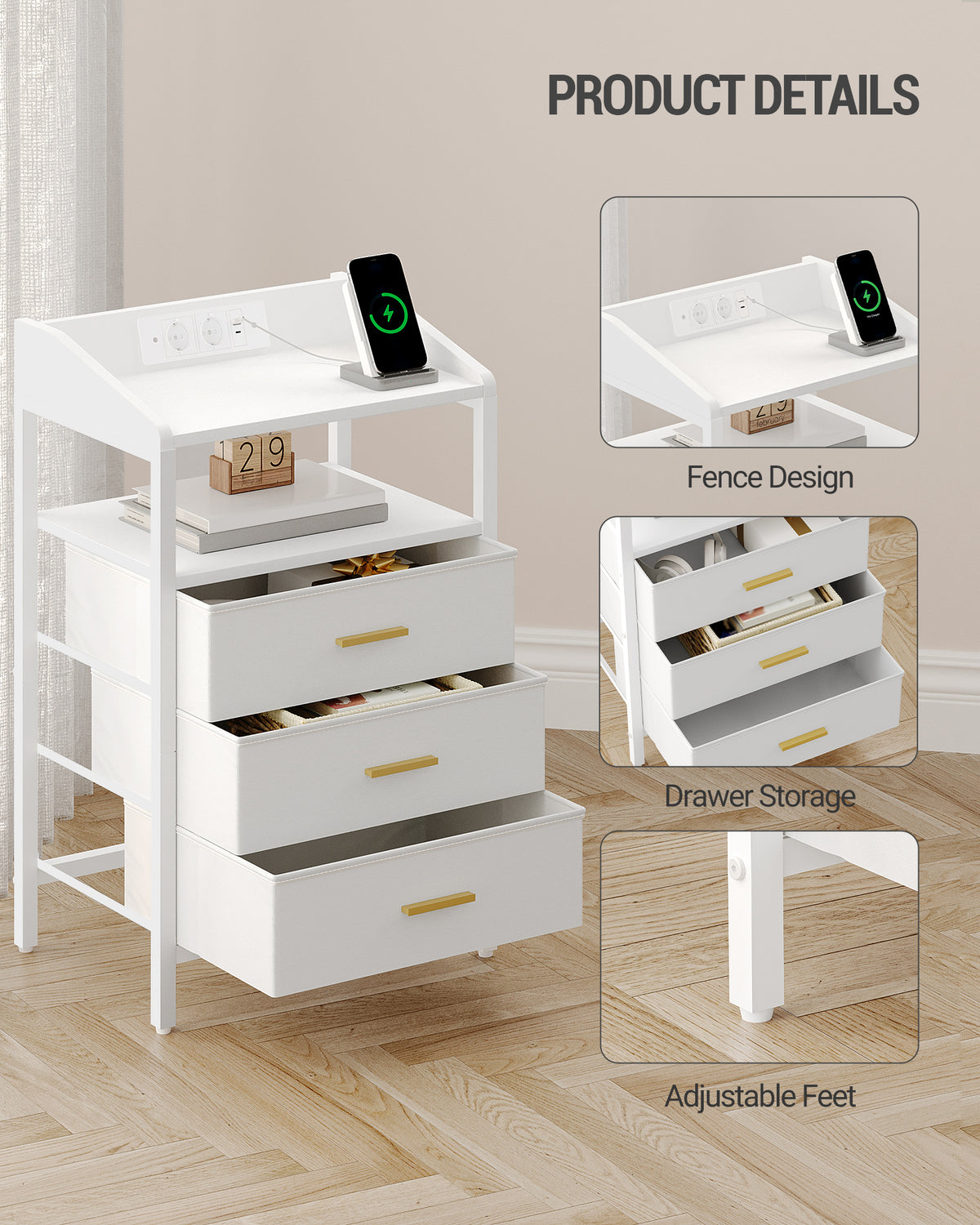 HEXCELEN Bedside Table Set of 2 with LED Lights & Charging Station, 3 Fabric Drawers, USB Ports & Sockets, White