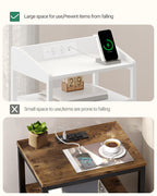 HEXCELEN Bedside Table Set of 2 with LED Lights & Charging Station, 3 Fabric Drawers, USB Ports & Sockets, White
