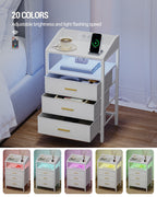 HEXCELEN Bedside Table Set of 2 with LED Lights & Charging Station, 3 Fabric Drawers, USB Ports & Sockets, White