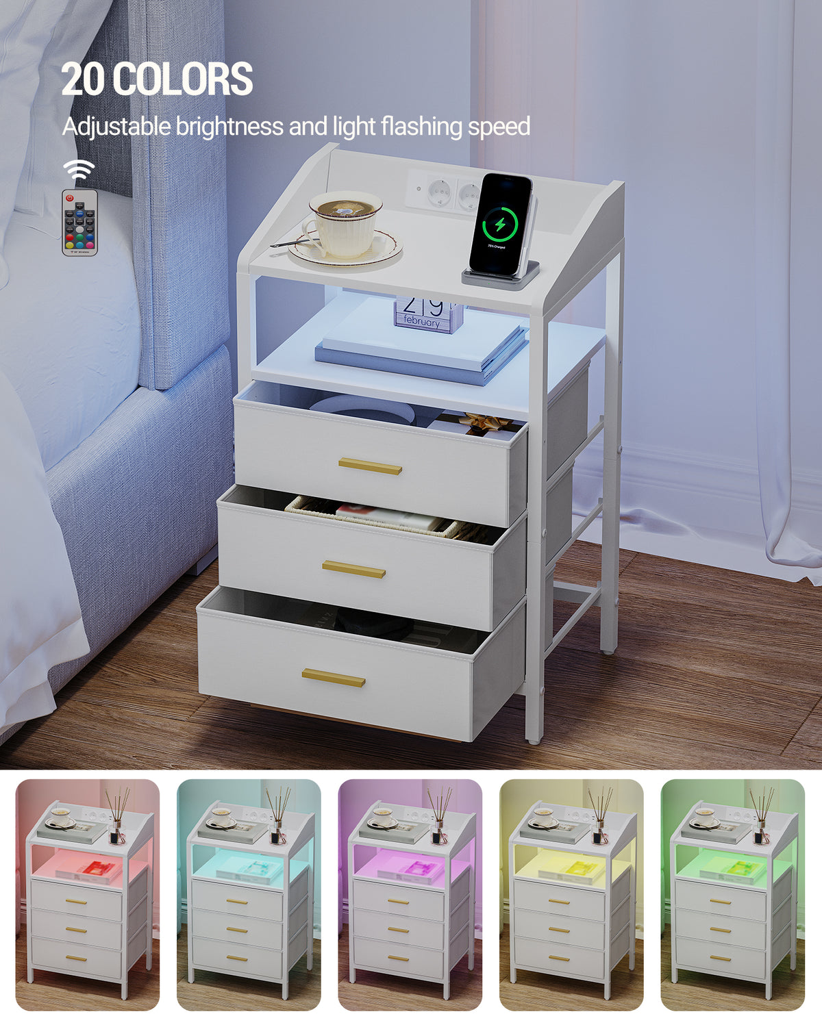 HEXCELEN Bedside Table Set of 2 with LED Lights & Charging Station, 3 Fabric Drawers, USB Ports & Sockets, White
