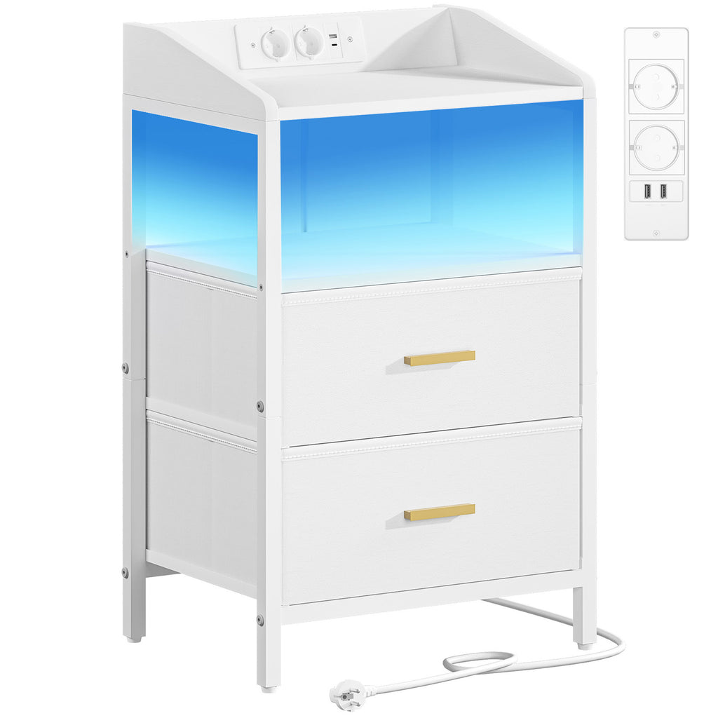 Hzuaneri Table de Chevet, avec Éclairage LED, Table de Nuit avec 2 Tiroirs de Rangement en Tissu, Tables d'appoint avec Ports USB et 2 Prises CA, pour Chambre, Blanc NS36113W