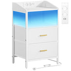 Hzuaneri Table de Chevet, avec Éclairage LED, Table de Nuit avec 2 Tiroirs de Rangement en Tissu, Tables d'appoint avec Ports USB et 2 Prises CA, pour Chambre, Blanc NS36113W