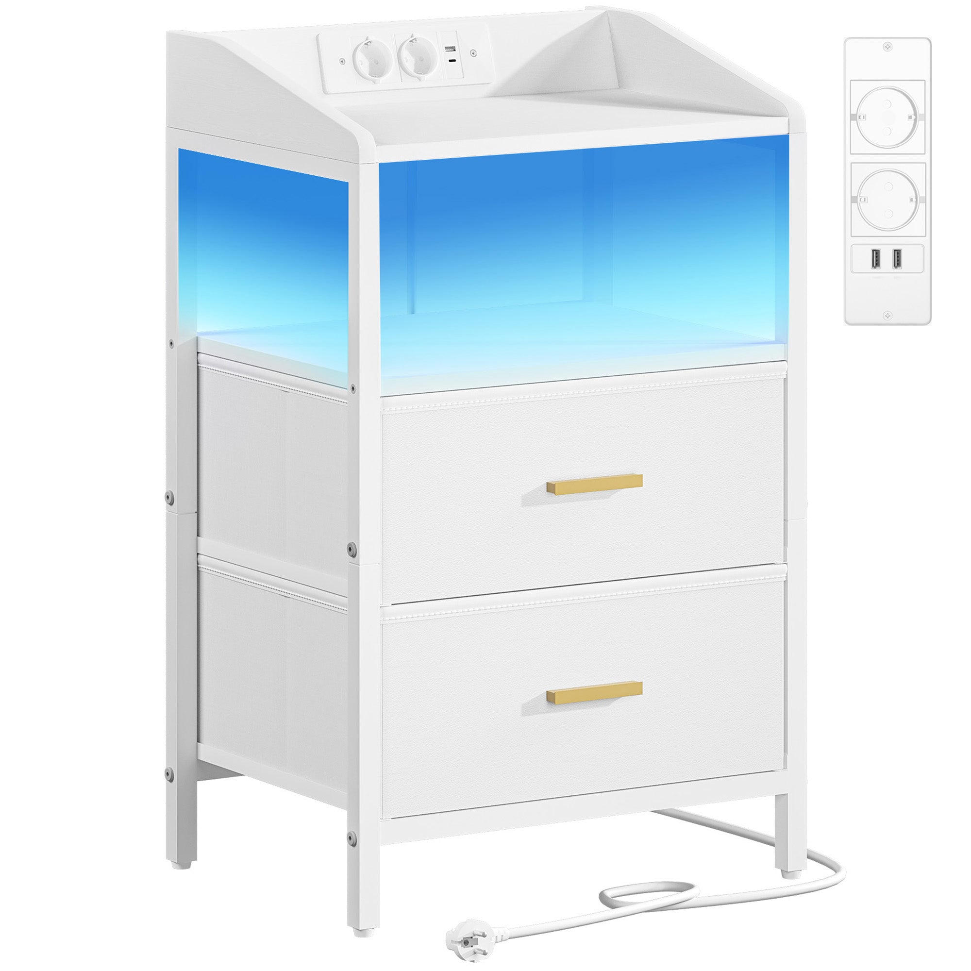 Hzuaneri Table de Chevet, avec Éclairage LED, Table de Nuit avec 2 Tiroirs de Rangement en Tissu, Tables d'appoint avec Ports USB et 2 Prises CA, pour Chambre, Blanc NS36113W