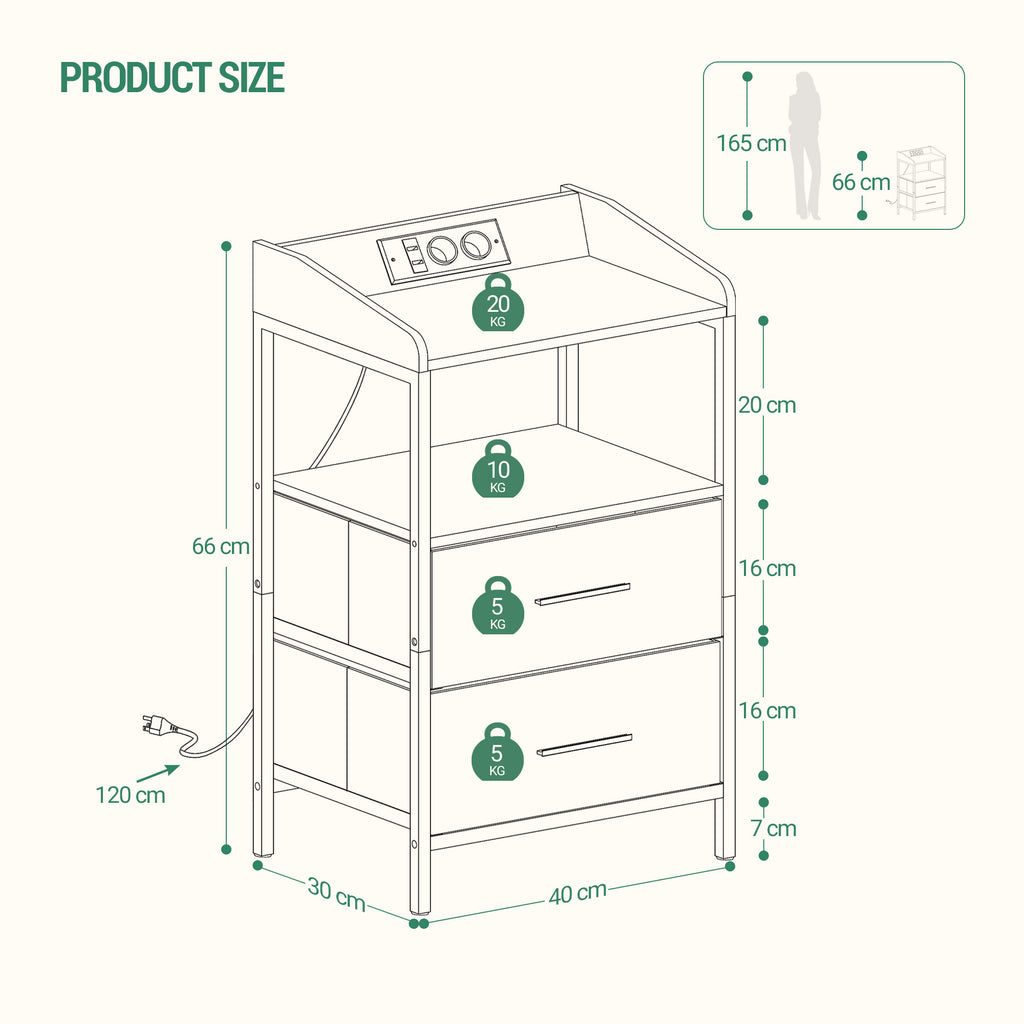 Hzuaneri Table de Chevet, avec Éclairage LED, Table de Nuit avec 2 Tiroirs de Rangement en Tissu, Tables d'appoint avec Ports USB et 2 Prises CA, pour Chambre, Blanc NS36113W