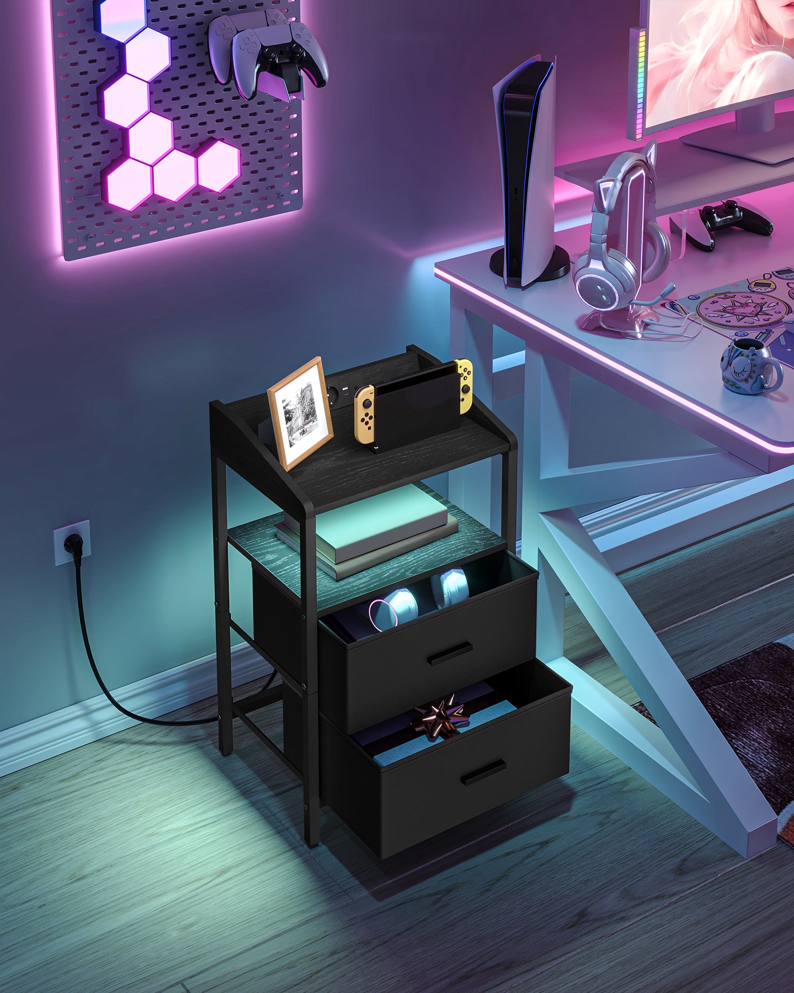 Hzuaneri Bedside Table Set of 2 with LED Lights & Charging Station, USB Ports & Outlets, Black