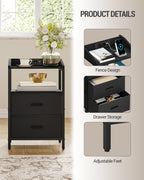 Hzuaneri Bedside Table Set of 2 with LED Lights & Charging Station, USB Ports & Outlets, Black