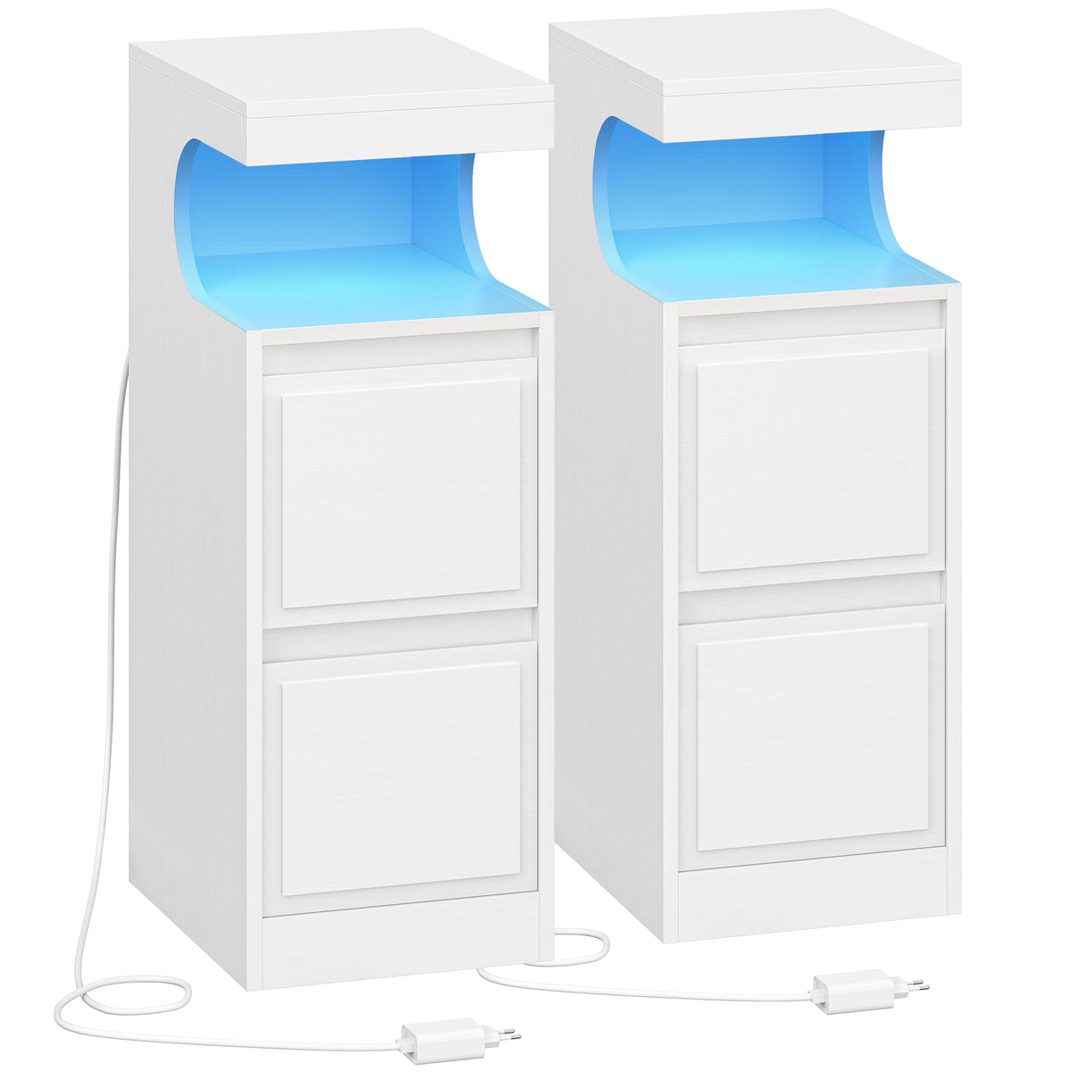 Hzuaneri Nightstand Set of 2 with LED Lighting, Side Table with 2 Drawers, Nightstands with Open Compartment, Adjustable Light, for Bedroom, Living Room, 30 x 24 x 65 cm White NS39213X