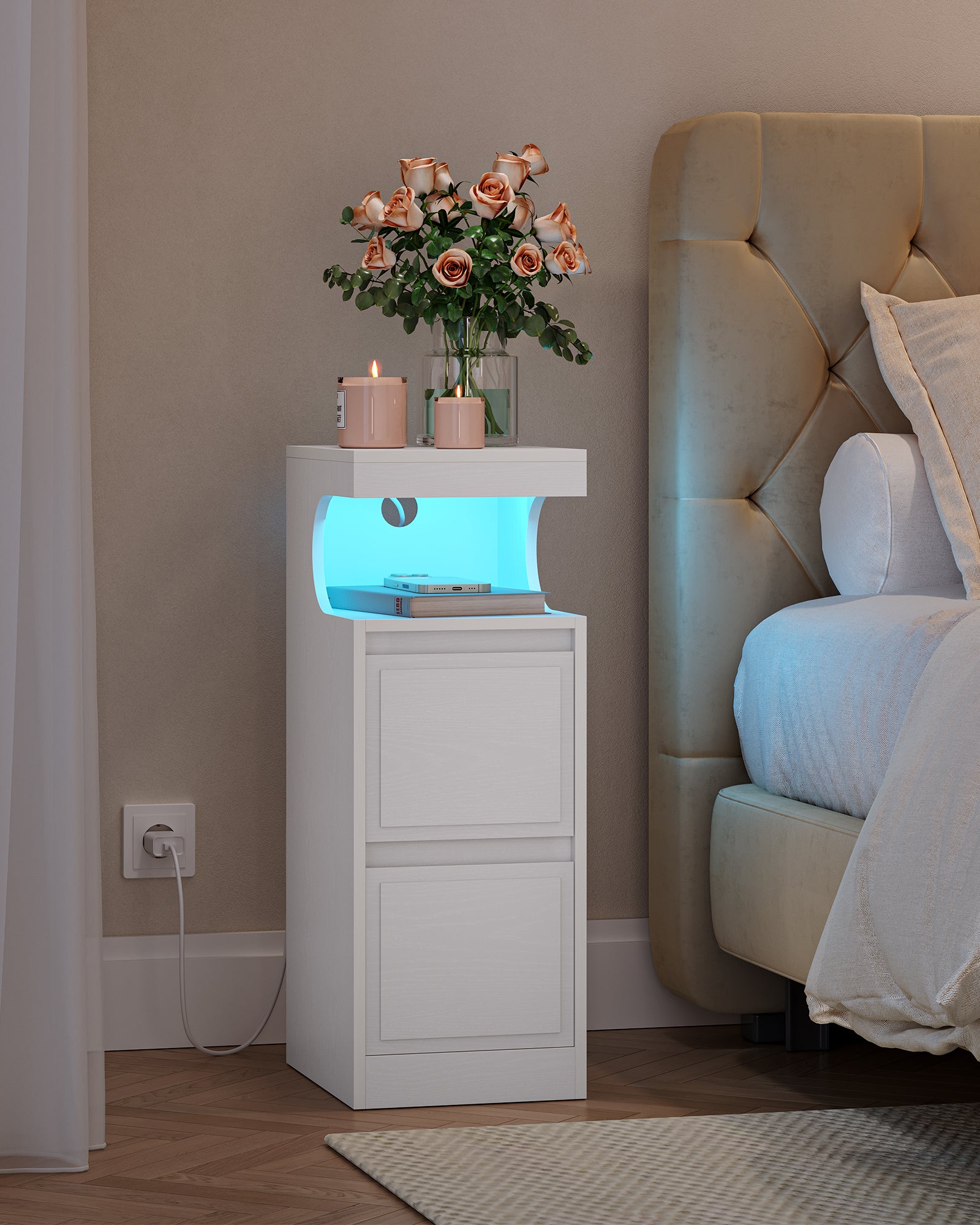Hzuaneri Nightstand Set of 2 with LED Lighting, Side Table with 2 Drawers, Nightstands with Open Compartment, Adjustable Light, for Bedroom, Living Room, 30 x 24 x 65 cm White NS39213X