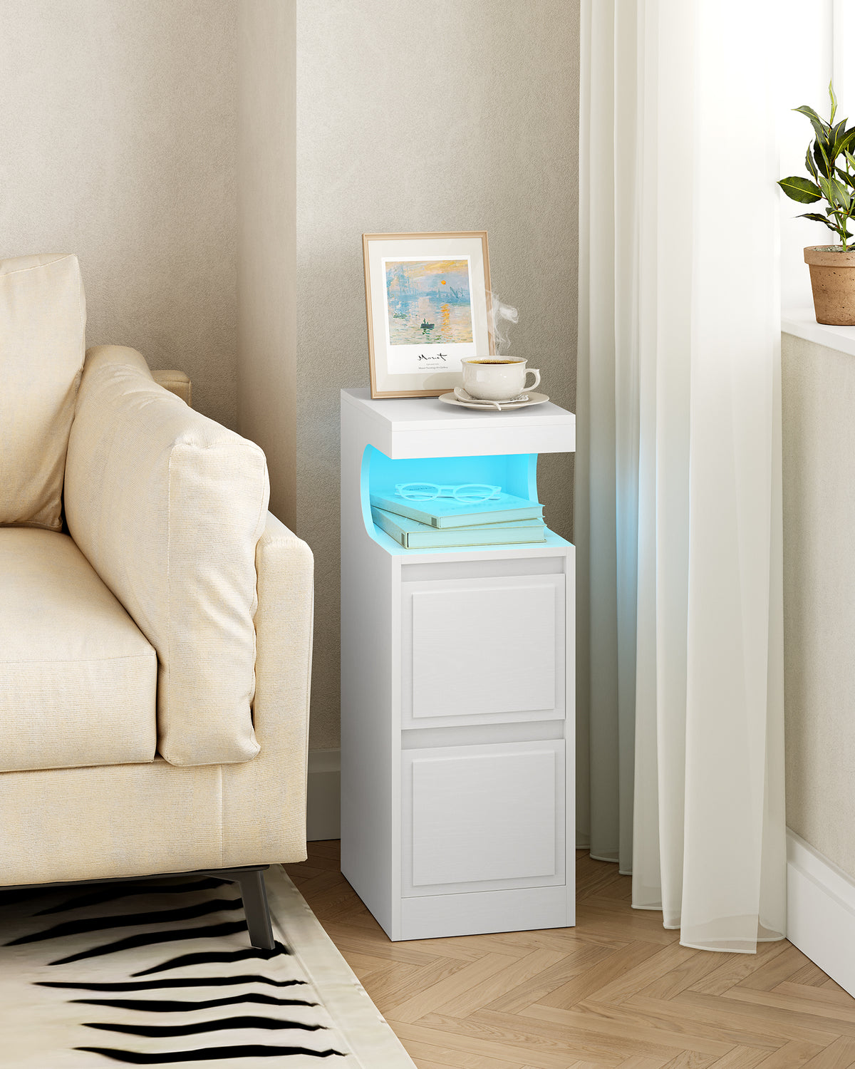 Hzuaneri Nightstand Set of 2 with LED Lighting, Side Table with 2 Drawers, Nightstands with Open Compartment, Adjustable Light, for Bedroom, Living Room, 30 x 24 x 65 cm White NS39213X