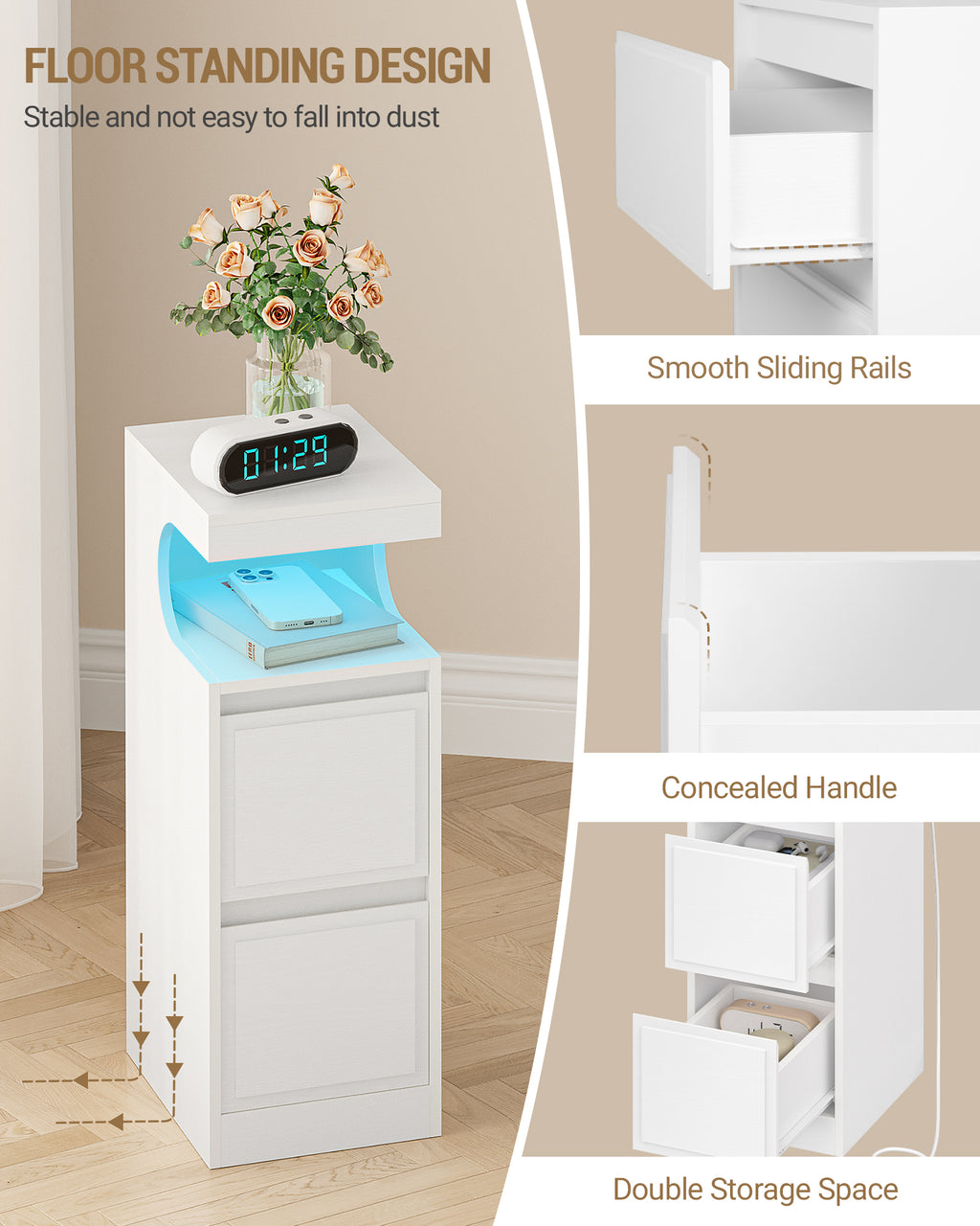 Hzuaneri Nightstand Set of 2 with LED Lighting, Side Table with 2 Drawers, Nightstands with Open Compartment, Adjustable Light, for Bedroom, Living Room, 30 x 24 x 65 cm White NS39213X