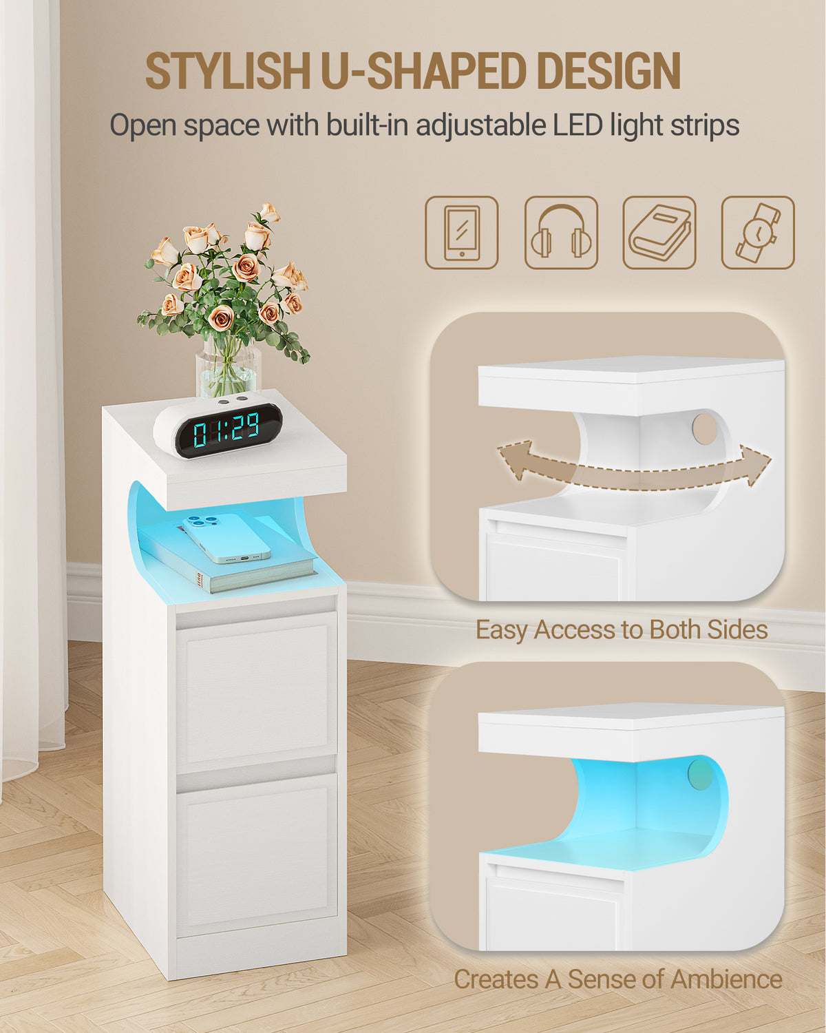 Hzuaneri Nightstand Set of 2 with LED Lighting, Side Table with 2 Drawers, Nightstands with Open Compartment, Adjustable Light, for Bedroom, Living Room, 30 x 24 x 65 cm White NS39213X