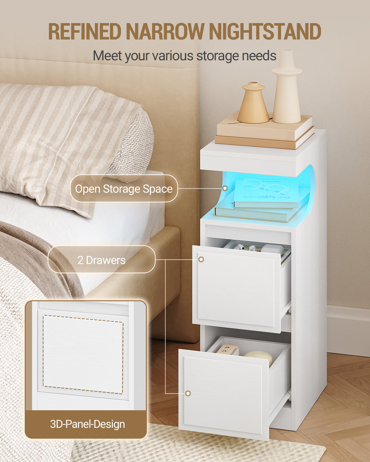 Hzuaneri Nightstand Set of 2 with LED Lighting, Side Table with 2 Drawers, Nightstands with Open Compartment, Adjustable Light, for Bedroom, Living Room, 30 x 24 x 65 cm White NS39213X