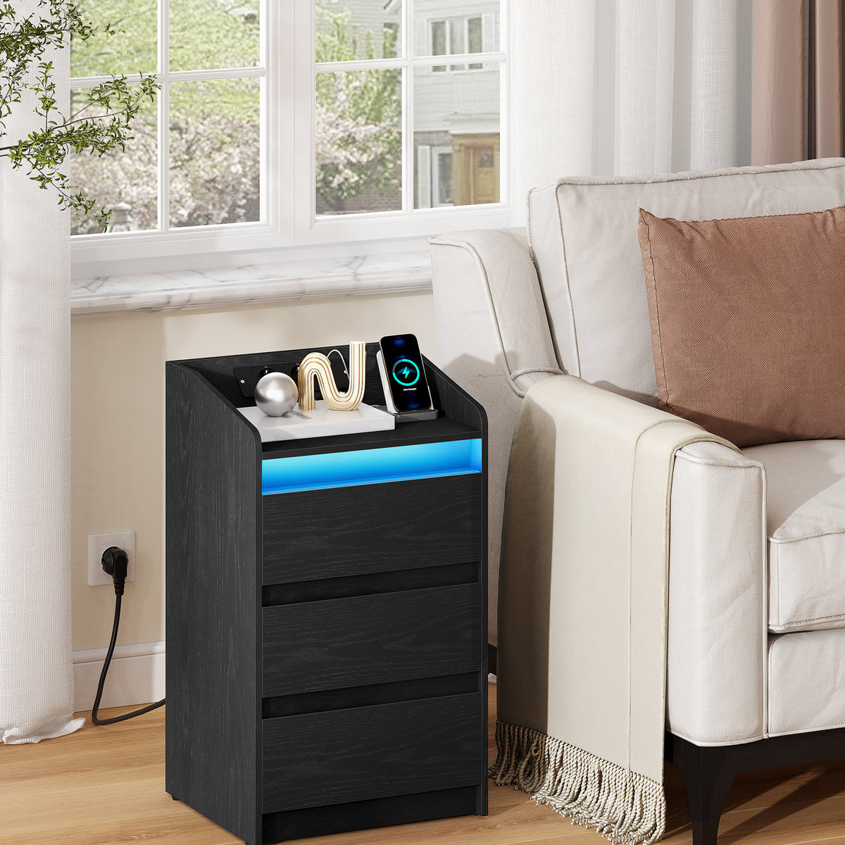 Hzuaneri NS40104X Bedside Table Set of 2 with 3 Drawers, Side Table with Charging Station and LED, 2 AC Outlets and 2 USB Ports for Bedroom, Living Room, Black NS40104X