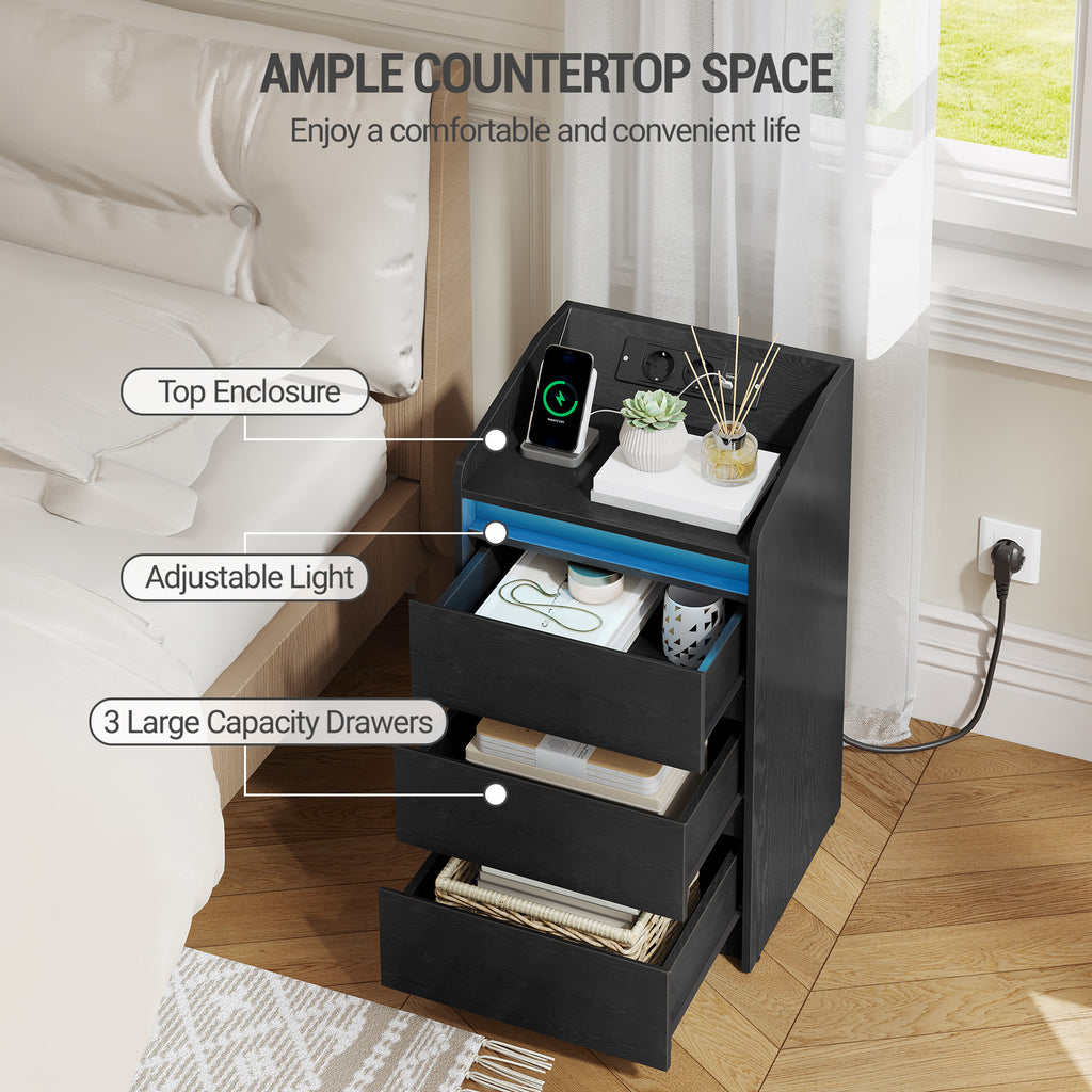 Hzuaneri NS40104X Bedside Table Set of 2 with 3 Drawers, Side Table with Charging Station and LED, 2 AC Outlets and 2 USB Ports for Bedroom, Living Room, Black NS40104X