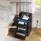Hzuaneri NS40104X Bedside Table Set of 2 with 3 Drawers, Side Table with Charging Station and LED, 2 AC Outlets and 2 USB Ports for Bedroom, Living Room, Black NS40104X