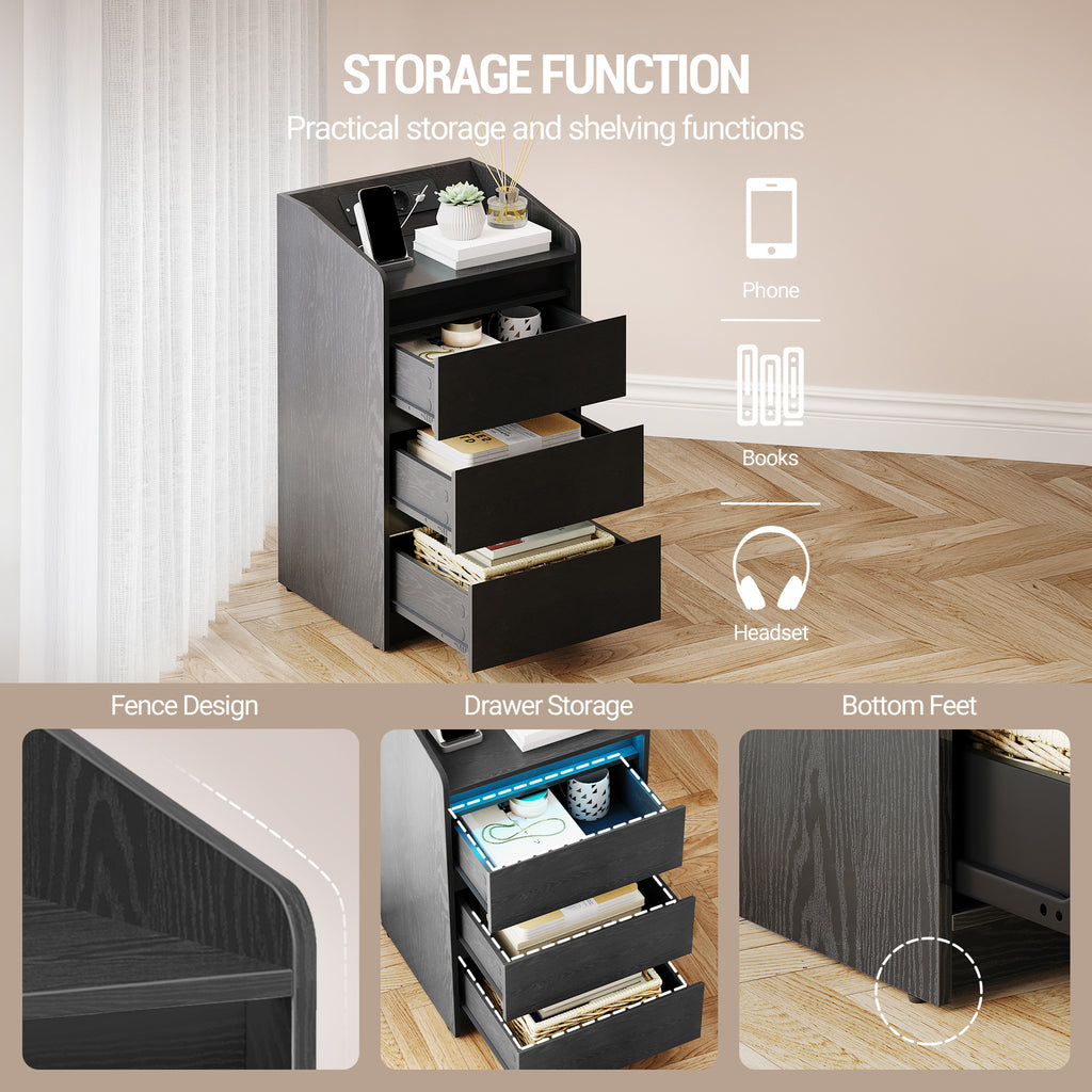 Hzuaneri NS40104X Bedside Table Set of 2 with 3 Drawers, Side Table with Charging Station and LED, 2 AC Outlets and 2 USB Ports for Bedroom, Living Room, Black NS40104X