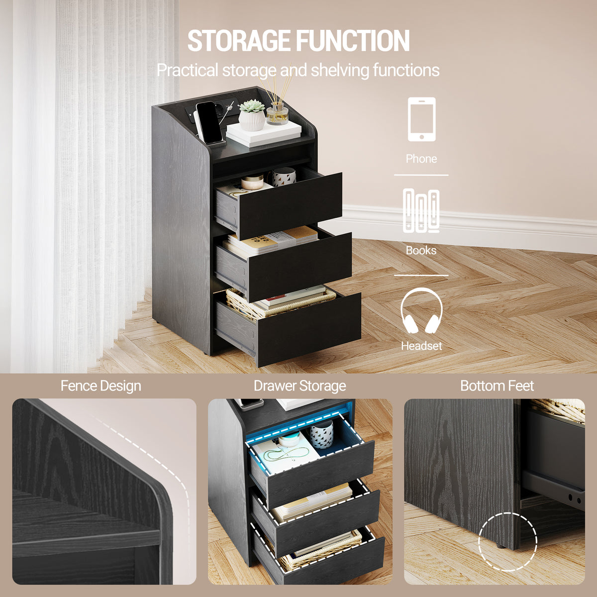 Hzuaneri NS40104X Bedside Table Set of 2 with 3 Drawers, Side Table with Charging Station and LED, 2 AC Outlets and 2 USB Ports for Bedroom, Living Room, Black NS40104X