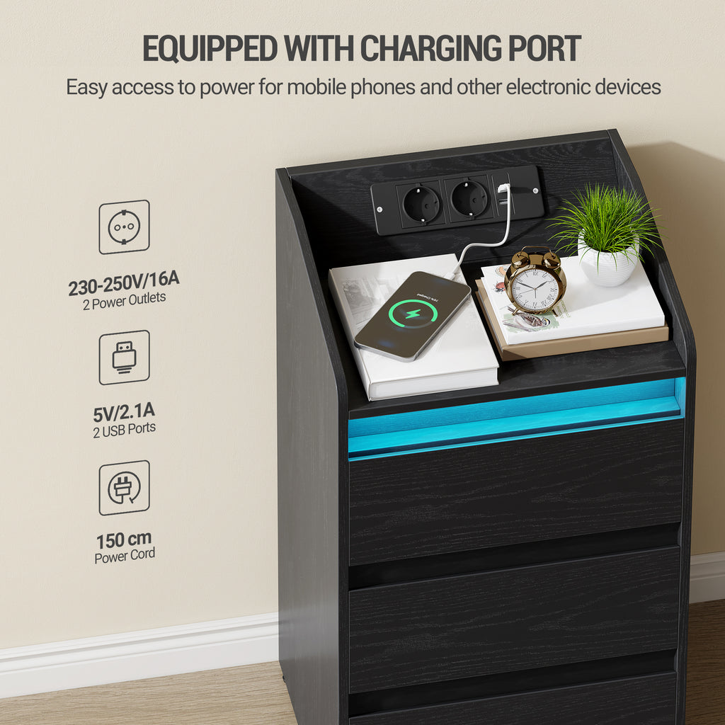 Hzuaneri NS40104X Bedside Table Set of 2 with 3 Drawers, Side Table with Charging Station and LED, 2 AC Outlets and 2 USB Ports for Bedroom, Living Room, Black NS40104X