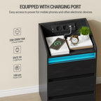Hzuaneri NS40104X Bedside Table Set of 2 with 3 Drawers, Side Table with Charging Station and LED, 2 AC Outlets and 2 USB Ports for Bedroom, Living Room, Black NS40104X
