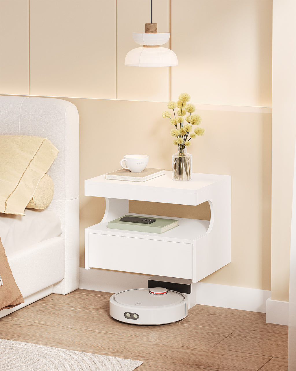 Hzuaneri Floating Bedside Tables Set of 2, Wall Mounted Bedside Cabinets, Floating Nightstand with 1 Drawer with Glides, Open Space, Modern, for Bedroom, Living Room, 30 x 40 x 29.2 cm, White NS50203X