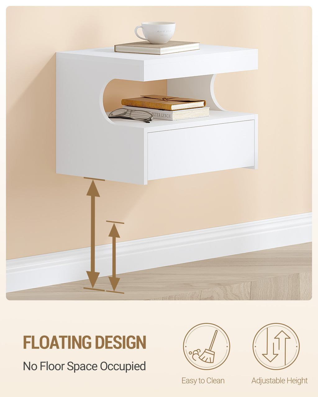 Hzuaneri Floating Bedside Tables Set of 2, Wall Mounted Bedside Cabinets, Floating Nightstand with 1 Drawer with Glides, Open Space, Modern, for Bedroom, Living Room, 30 x 40 x 29.2 cm, White NS50203X