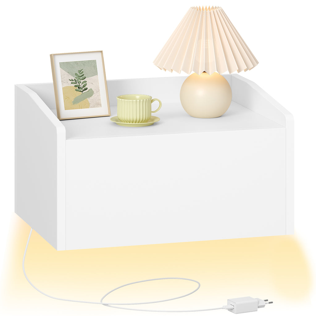 Hzuaneri Hanging Bedside Table, Wall-Mounted Nightstand with LED Lighting, Floating Wall Shelf with 1 Drawer—For Bedroom & Living Room—30 x 40 x 22.5 cm, White NS52103X