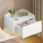 Hzuaneri Hanging Bedside Table, Wall-Mounted Nightstand with LED Lighting, Floating Wall Shelf with 1 Drawer—For Bedroom & Living Room—30 x 40 x 22.5 cm, White NS52103X