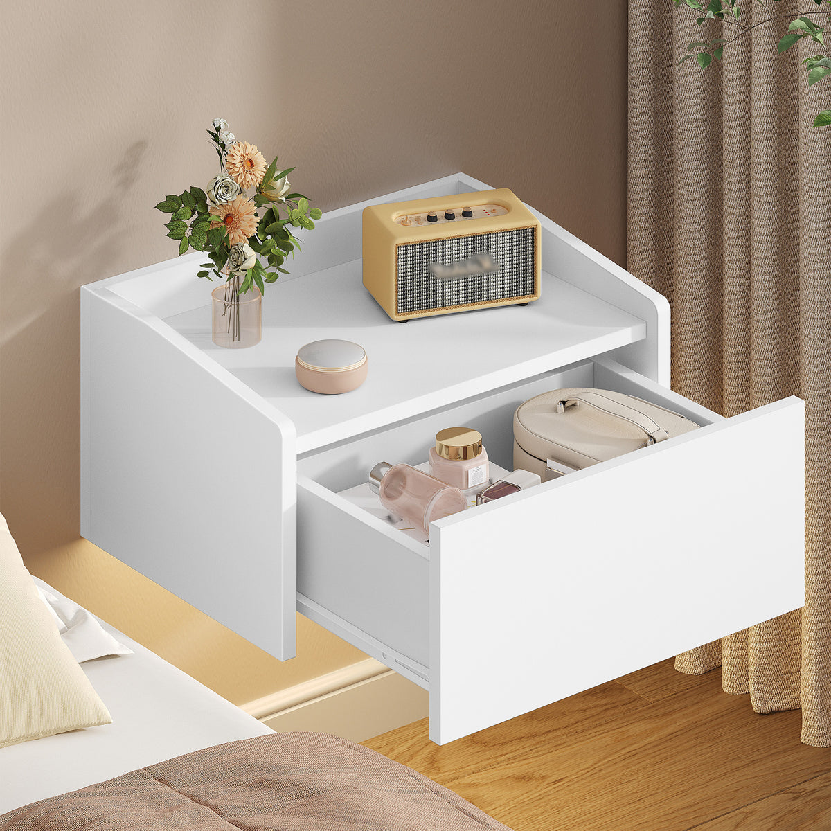 Hzuaneri Hanging Bedside Table, Wall-Mounted Nightstand with LED Lighting, Floating Wall Shelf with 1 Drawer—For Bedroom & Living Room—30 x 40 x 22.5 cm, White NS52103X