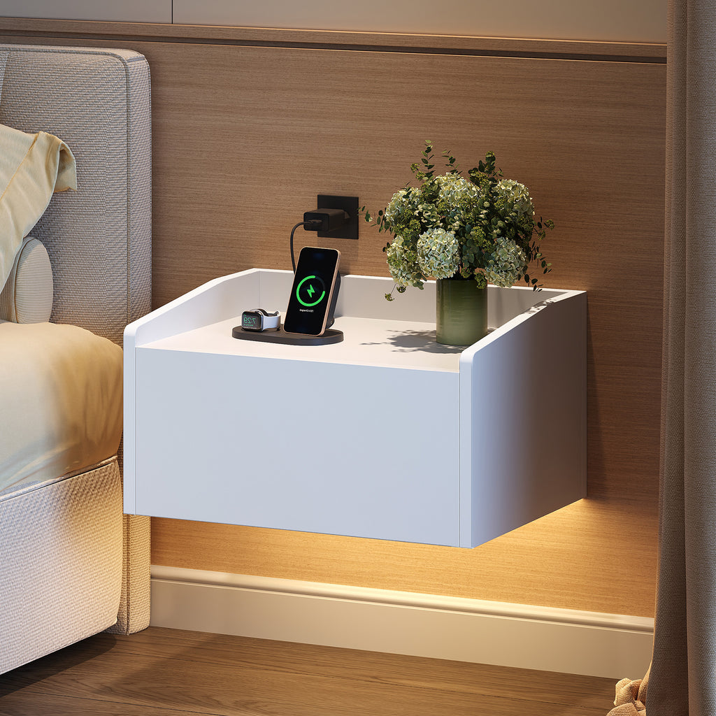 Hzuaneri Hanging Bedside Table, Wall-Mounted Nightstand with LED Lighting, Floating Wall Shelf with 1 Drawer—For Bedroom & Living Room—30 x 40 x 22.5 cm, White NS52103X