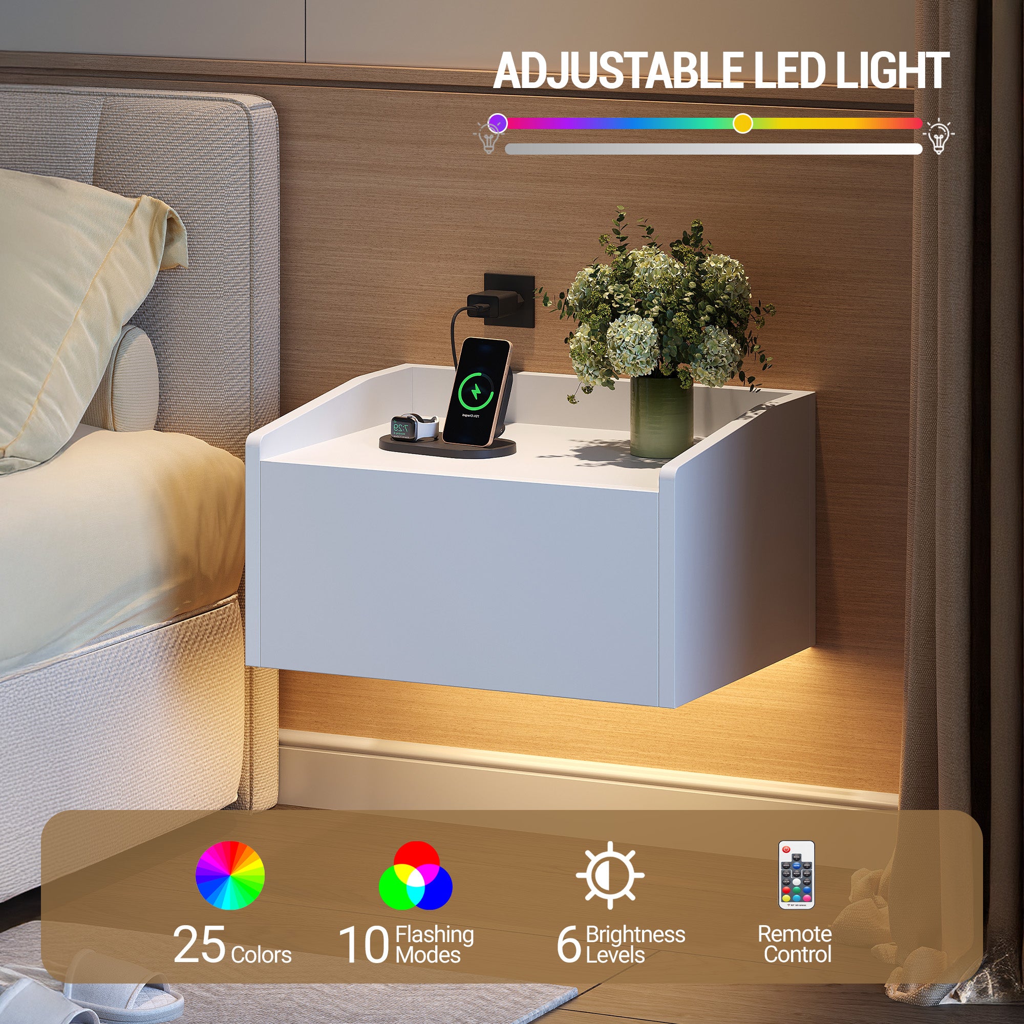 Hzuaneri Hanging Bedside Table, Wall-Mounted Nightstand with LED Lighting, Floating Wall Shelf with 1 Drawer—For Bedroom & Living Room—30 x 40 x 22.5 cm, White NS52103X