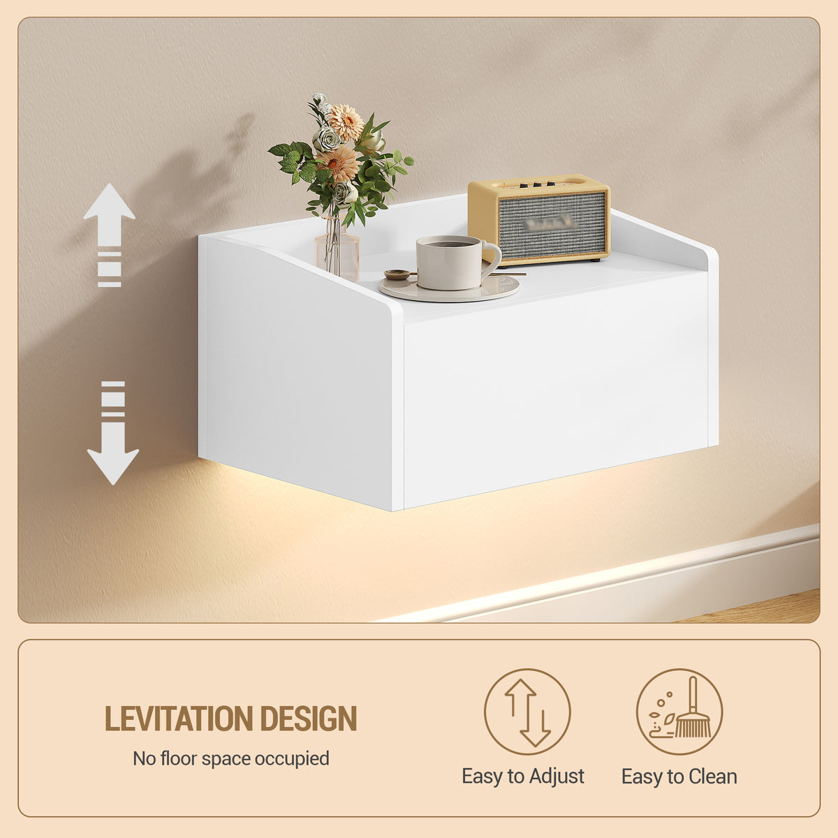 Hzuaneri Hanging Bedside Table, Wall-Mounted Nightstand with LED Lighting, Floating Wall Shelf with 1 Drawer—For Bedroom & Living Room—30 x 40 x 22.5 cm, White NS52103X