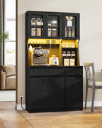 Hzuaneri kitchen cabinet, sideboard, tall cabinet with sockets and LED light strips, with worktops and two drawers, adjustable shelves, kitchen, 40 x 100 x 180 cm, black PT00104XEU