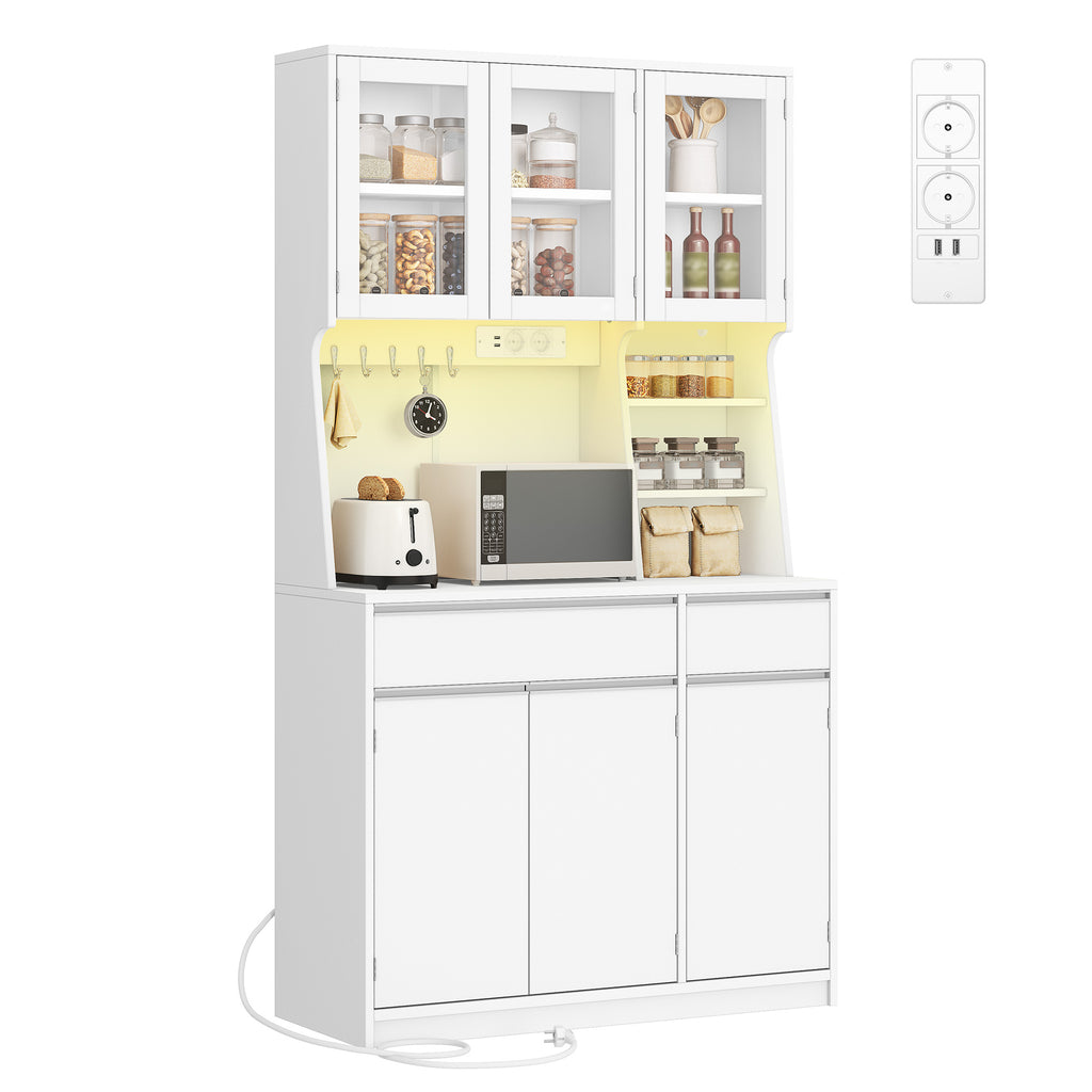 HEXCELEN Kitchen Cabinet, Sideboard, Tall Cabinet with Sockets and LED Lighting, White