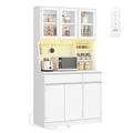 HEXCELEN Kitchen Cabinet, Sideboard, Tall Cabinet with Sockets and LED Lighting, White