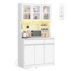 HEXCELEN Kitchen Cabinet, Sideboard, Tall Cabinet with Sockets and LED Lighting, White