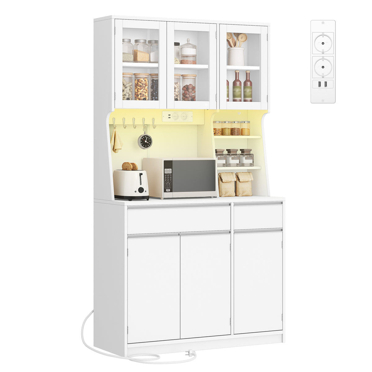 HEXCELEN Kitchen Cabinet, Sideboard, Tall Cabinet with Sockets and LED Lighting, White