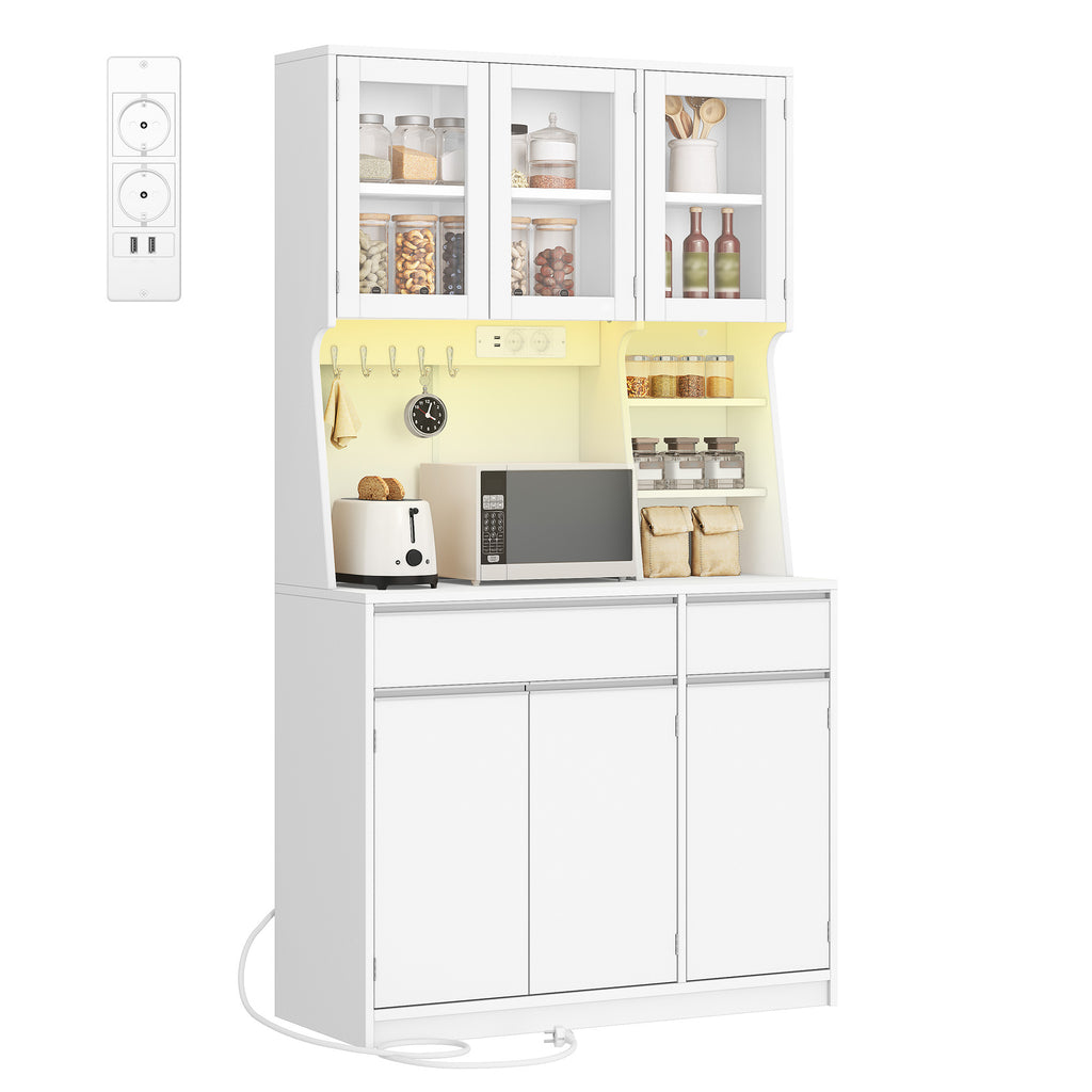 Hzuaneri kitchen cabinet, sideboard, chest of drawers for kitchen with sockets and LED light strips, with worktops and two drawers, adjustable shelves, kitchen, 40 x 100 x 180 cm, white PT00103X
