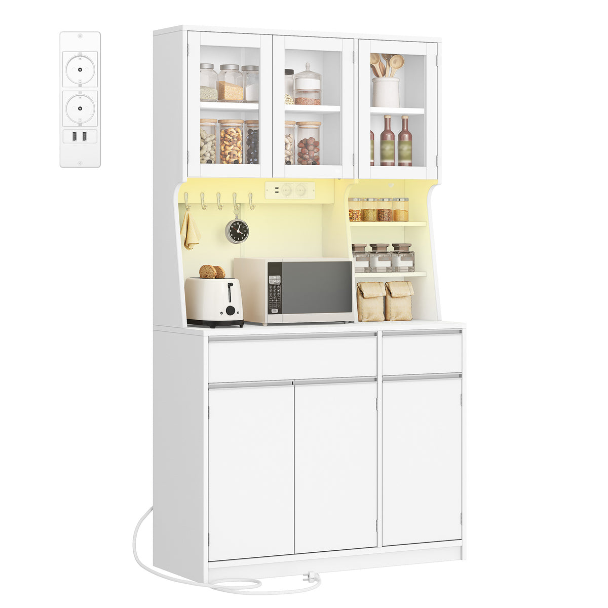 Hzuaneri kitchen cabinet, sideboard, chest of drawers for kitchen with sockets and LED light strips, with worktops and two drawers, adjustable shelves, kitchen, 40 x 100 x 180 cm, white PT00103X