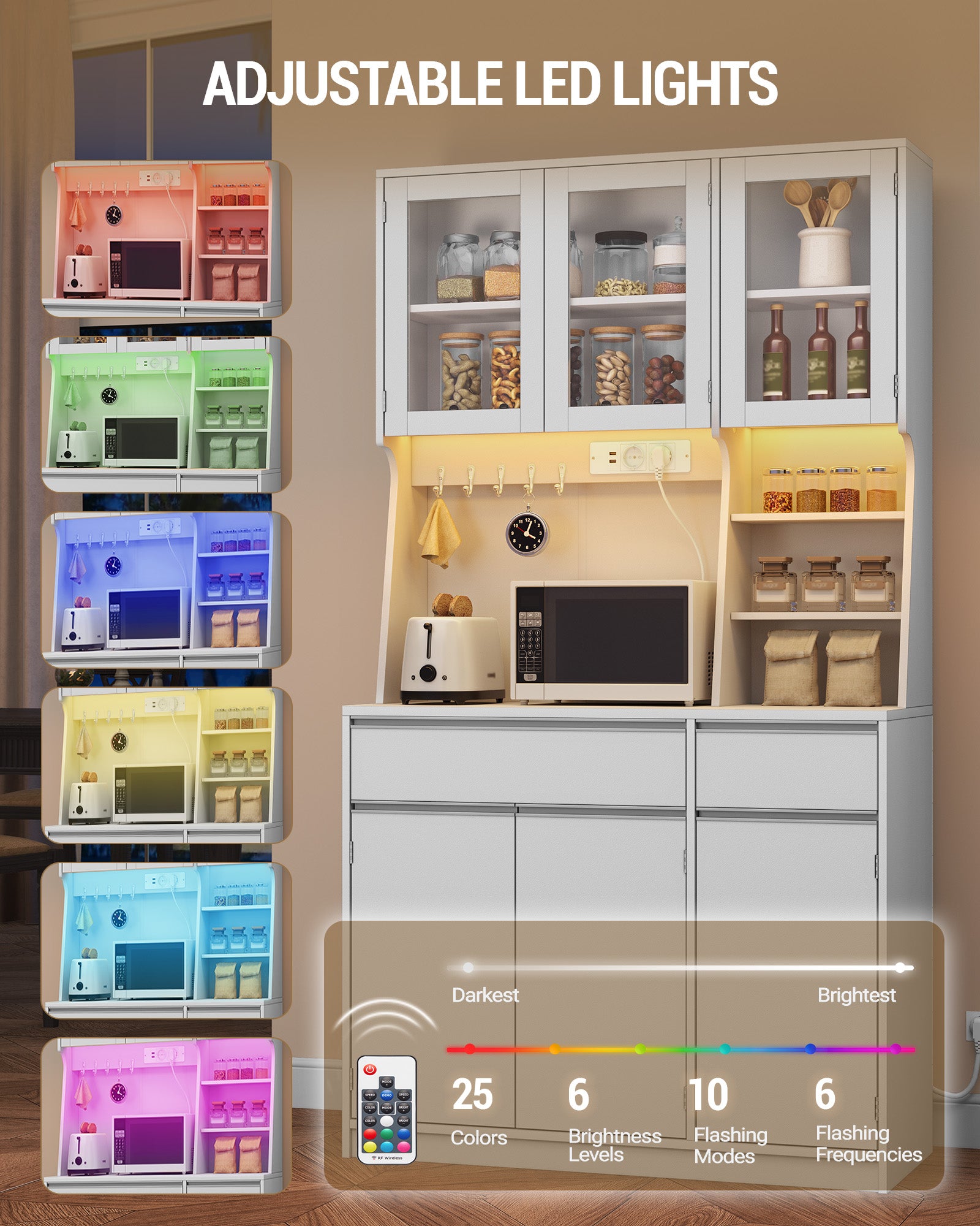 HEXCELEN Kitchen Cabinet, Sideboard, Tall Cabinet with Sockets and LED Lighting, White