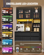 Hzuaneri kitchen cabinet, sideboard, tall cabinet with sockets and LED light strips, with worktops and two drawers, adjustable shelves, kitchen, 40 x 100 x 180 cm, black PT00104XEU