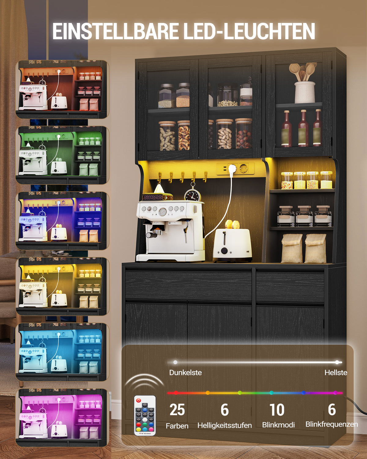 Hzuaneri kitchen cabinet, sideboard, tall cabinet with sockets and LED light strips, with worktops and two drawers, adjustable shelves, kitchen, 40 x 100 x 180 cm, black PT00104XEU
