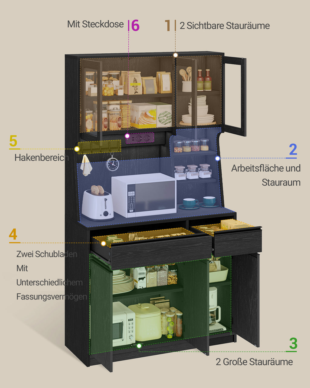 Hzuaneri kitchen cabinet, sideboard, tall cabinet with sockets and LED light strips, with worktops and two drawers, adjustable shelves, kitchen, 40 x 100 x 180 cm, black PT00104XEU