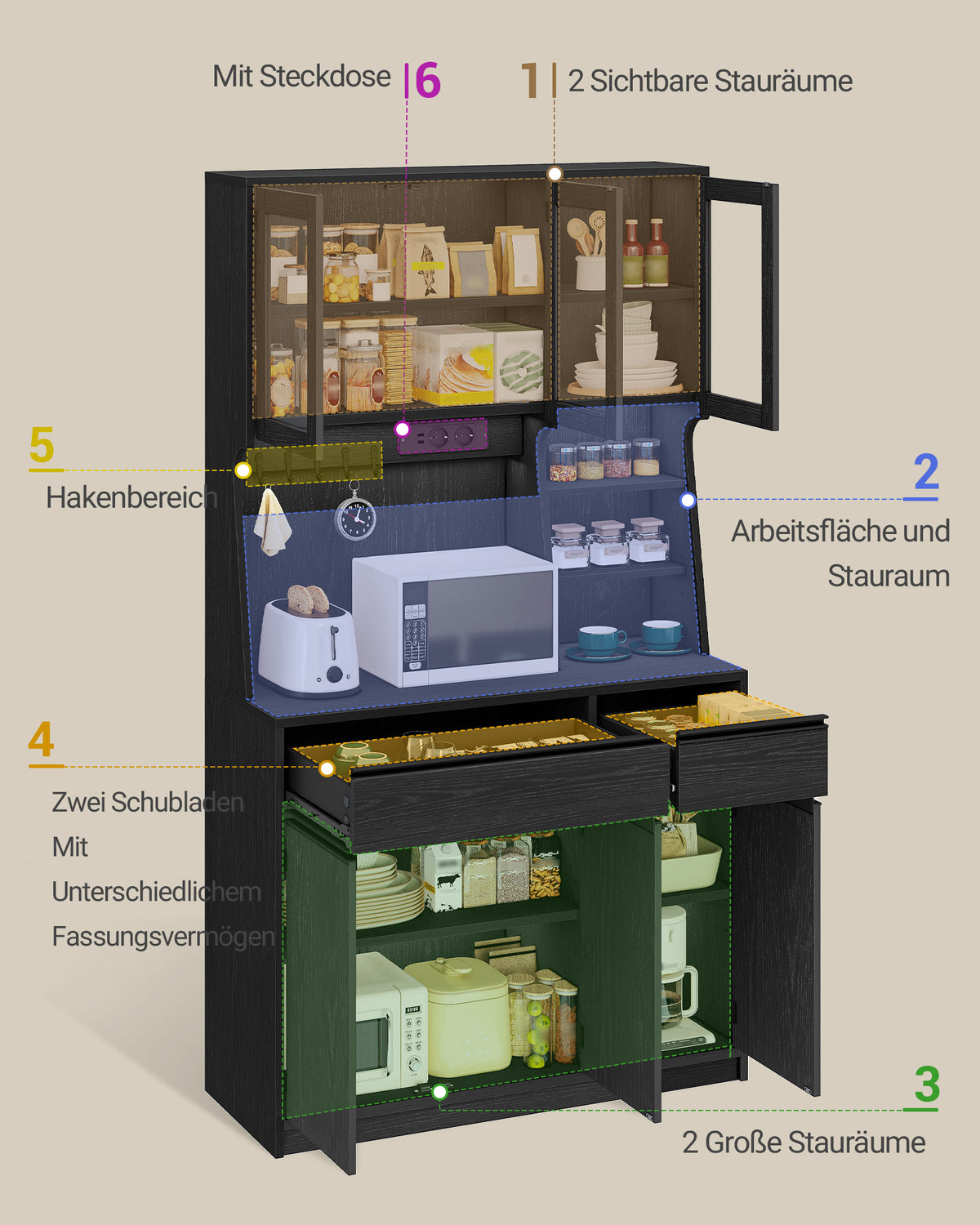 Hzuaneri kitchen cabinet, sideboard, tall cabinet with sockets and LED light strips, with worktops and two drawers, adjustable shelves, kitchen, 40 x 100 x 180 cm, black PT00104XEU
