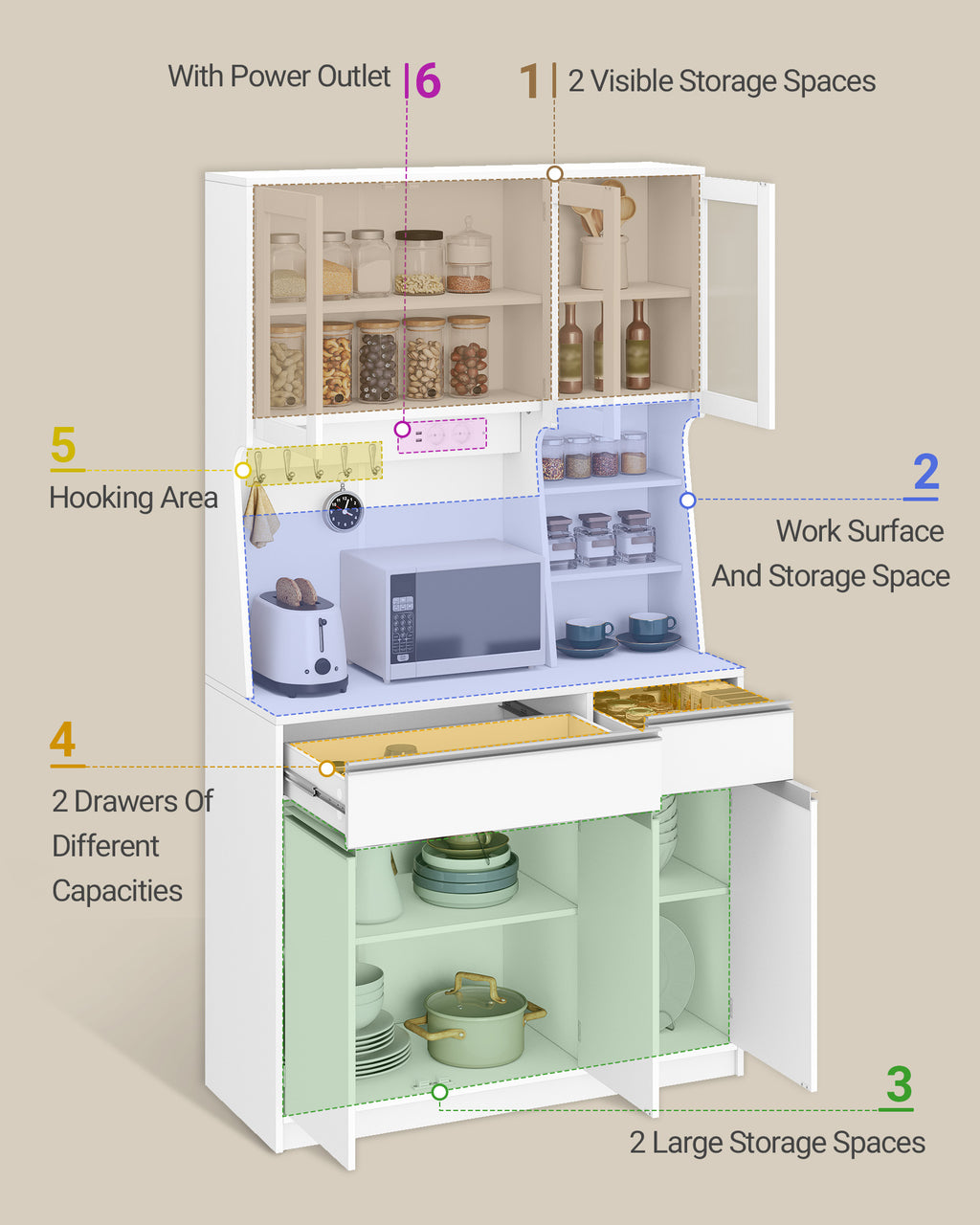 Hzuaneri kitchen cabinet, sideboard, chest of drawers for kitchen with sockets and LED light strips, with worktops and two drawers, adjustable shelves, kitchen, 40 x 100 x 180 cm, white PT00103X