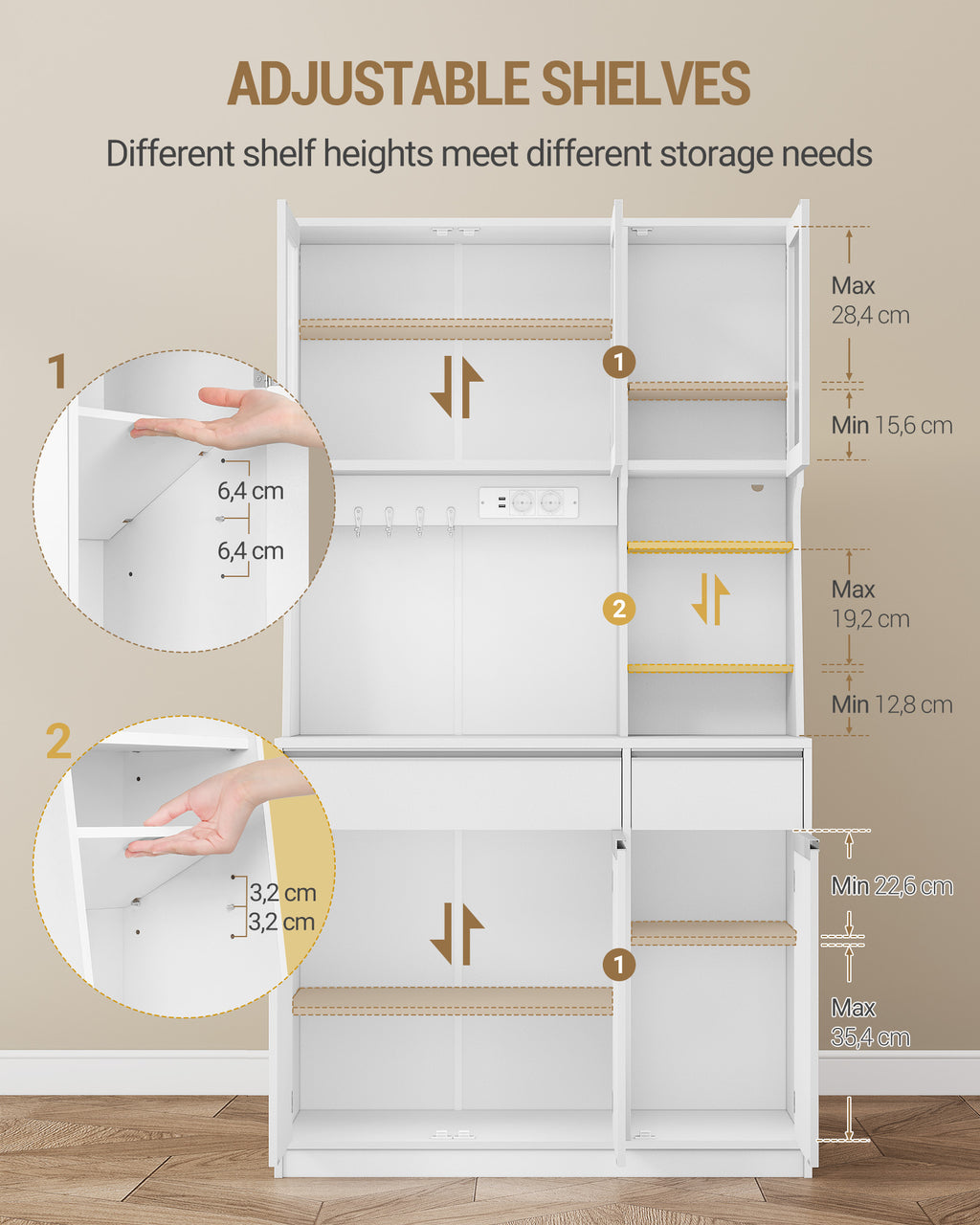 Hzuaneri kitchen cabinet, sideboard, chest of drawers for kitchen with sockets and LED light strips, with worktops and two drawers, adjustable shelves, kitchen, 40 x 100 x 180 cm, white PT00103X