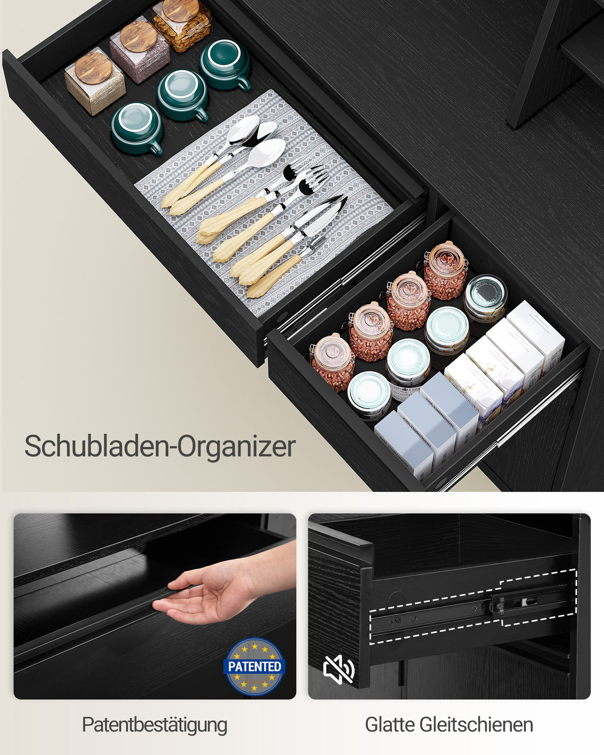 Hzuaneri kitchen cabinet, sideboard, tall cabinet with sockets and LED light strips, with worktops and two drawers, adjustable shelves, kitchen, 40 x 100 x 180 cm, black PT00104XEU