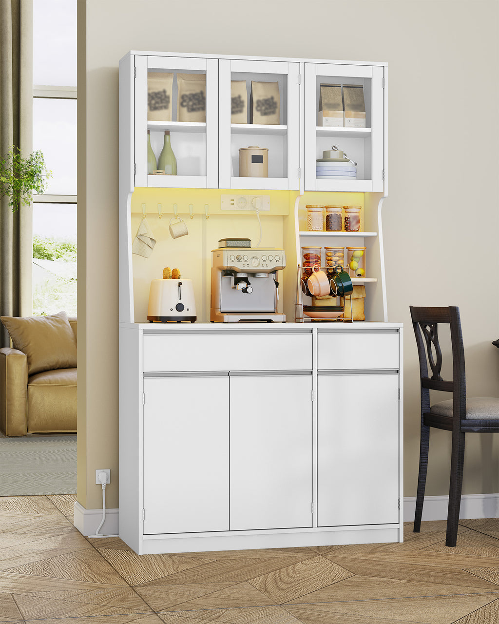 Hzuaneri kitchen cabinet, sideboard, chest of drawers for kitchen with sockets and LED light strips, with worktops and two drawers, adjustable shelves, kitchen, 40 x 100 x 180 cm, white PT00103X